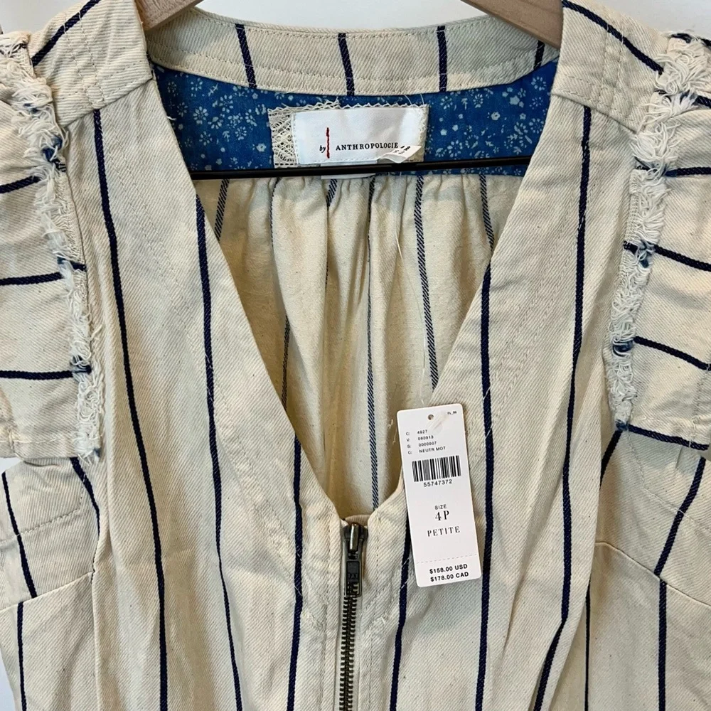 NWT Anthropologie Cream & Blue Striped Jumpsuit Size 4P